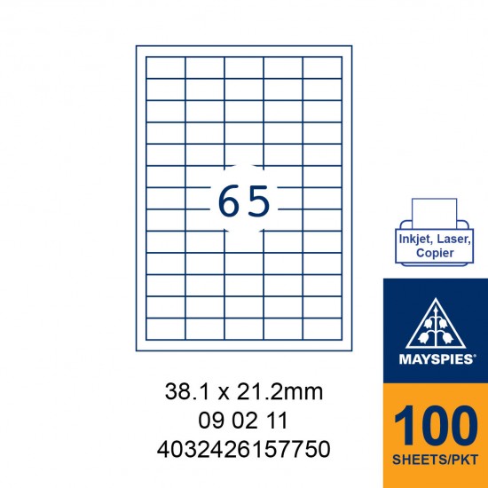 MAYSPIES 09 02 11 LABEL FOR INKJET / LASER / COPIER 100 SHEETS/PKT WHITE 38.1X21.2MM